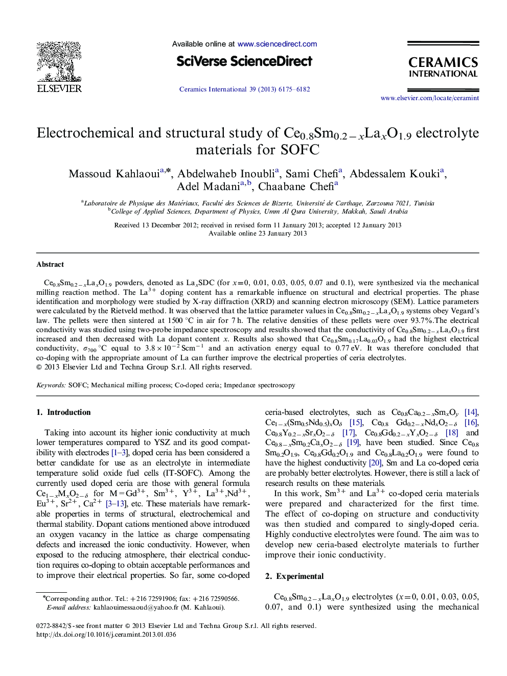 Electrochemical and structural study of Ce0.8Sm0.2−xLaxO1.9 electrolyte materials for SOFC