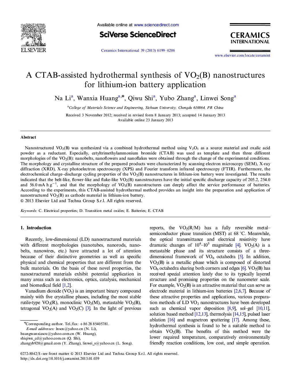 A CTAB-assisted hydrothermal synthesis of VO2(B) nanostructures for lithium-ion battery application