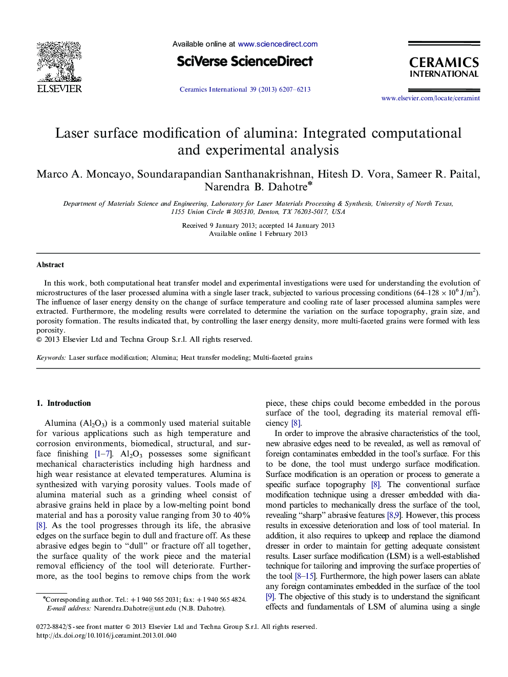 Laser surface modification of alumina: Integrated computational and experimental analysis