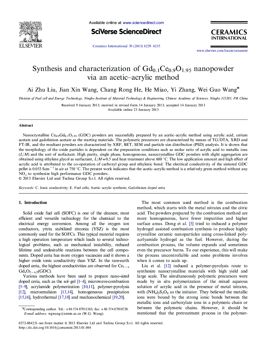 Synthesis and characterization of Gd0.1Ce0.9O1.95 nanopowder via an acetic–acrylicmethod