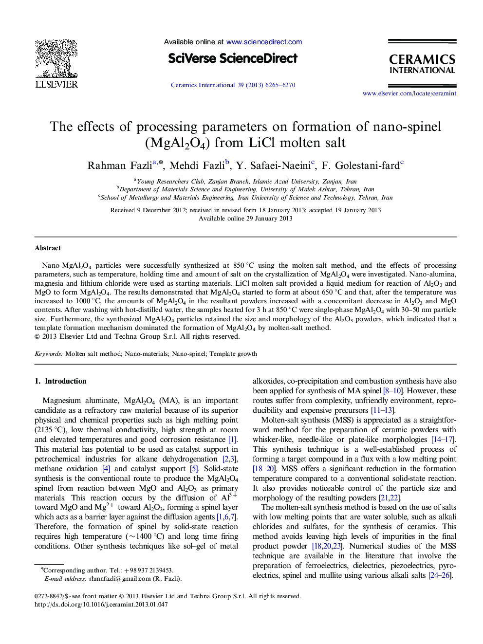 The effects of processing parameters on formation of nano-spinel (MgAl2O4) from LiCl moltensalt