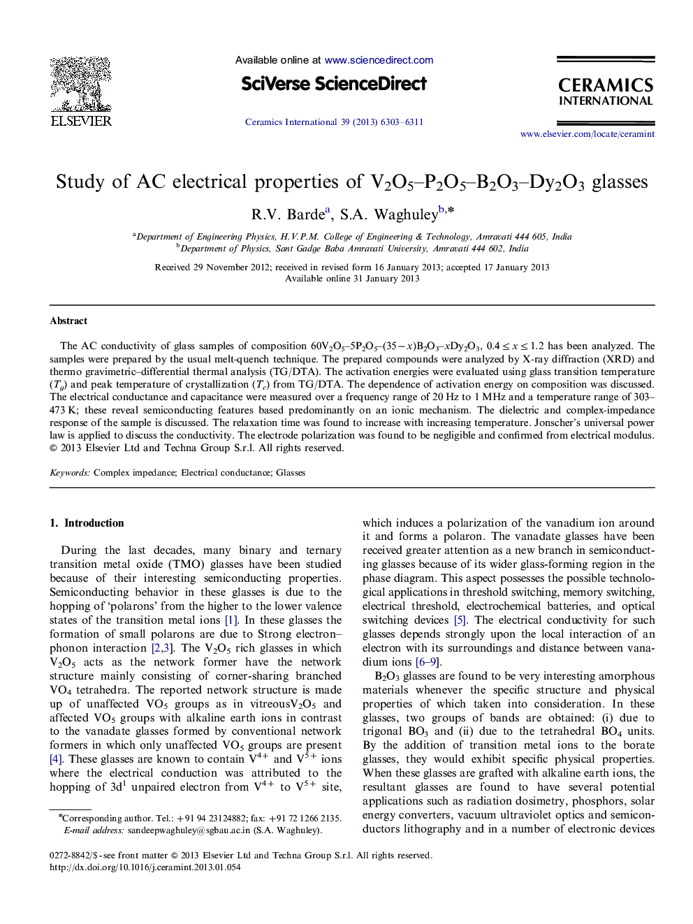 Study of AC electrical properties of V2O5–P2O5–B2O3–Dy2O3 glasses