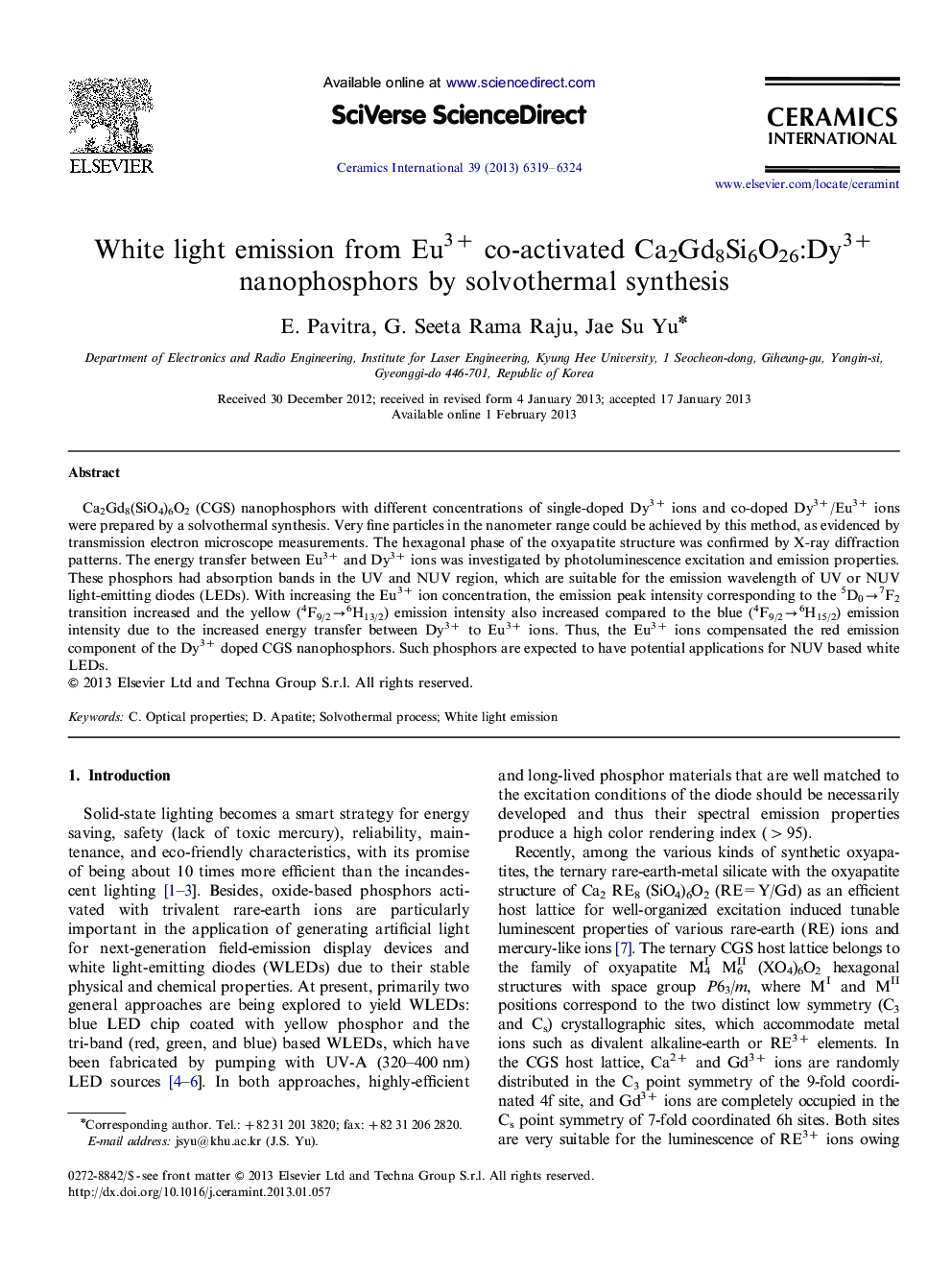 White light emission from Eu3+ co-activated Ca2Gd8Si6O26:Dy3+ nanophosphors by solvothermalsynthesis