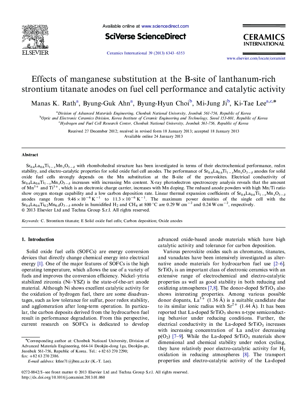 Effects of manganese substitution at the B-site of lanthanum-rich strontium titanate anodes on fuel cell performance and catalytic activity