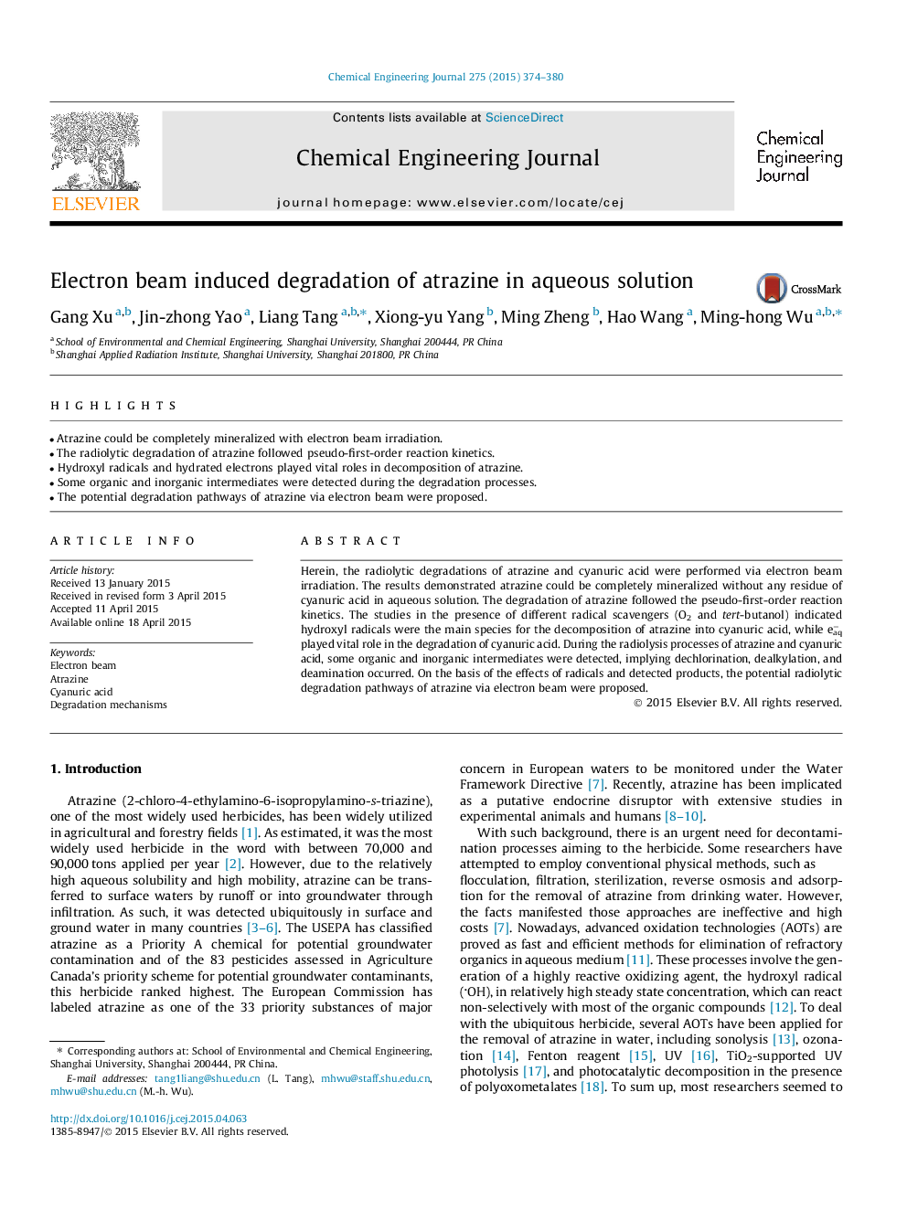 Electron beam induced degradation of atrazine in aqueous solution