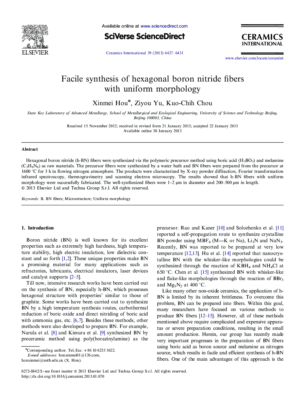 Facile synthesis of hexagonal boron nitride fibers with uniform morphology