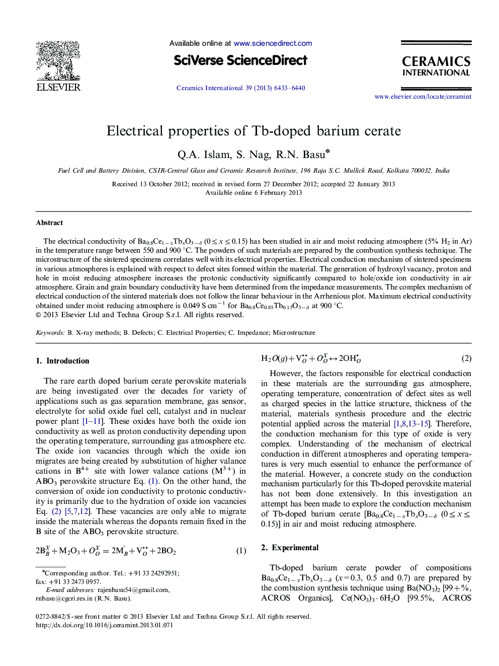Electrical properties of Tb-doped barium cerate