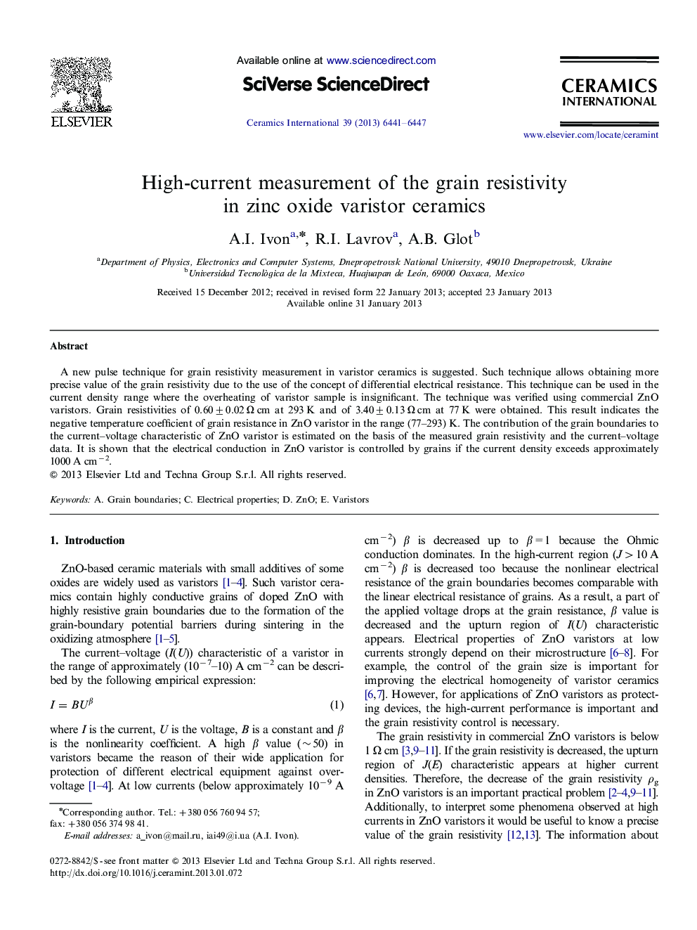 High-current measurement of the grain resistivity in zinc oxide varistor ceramics