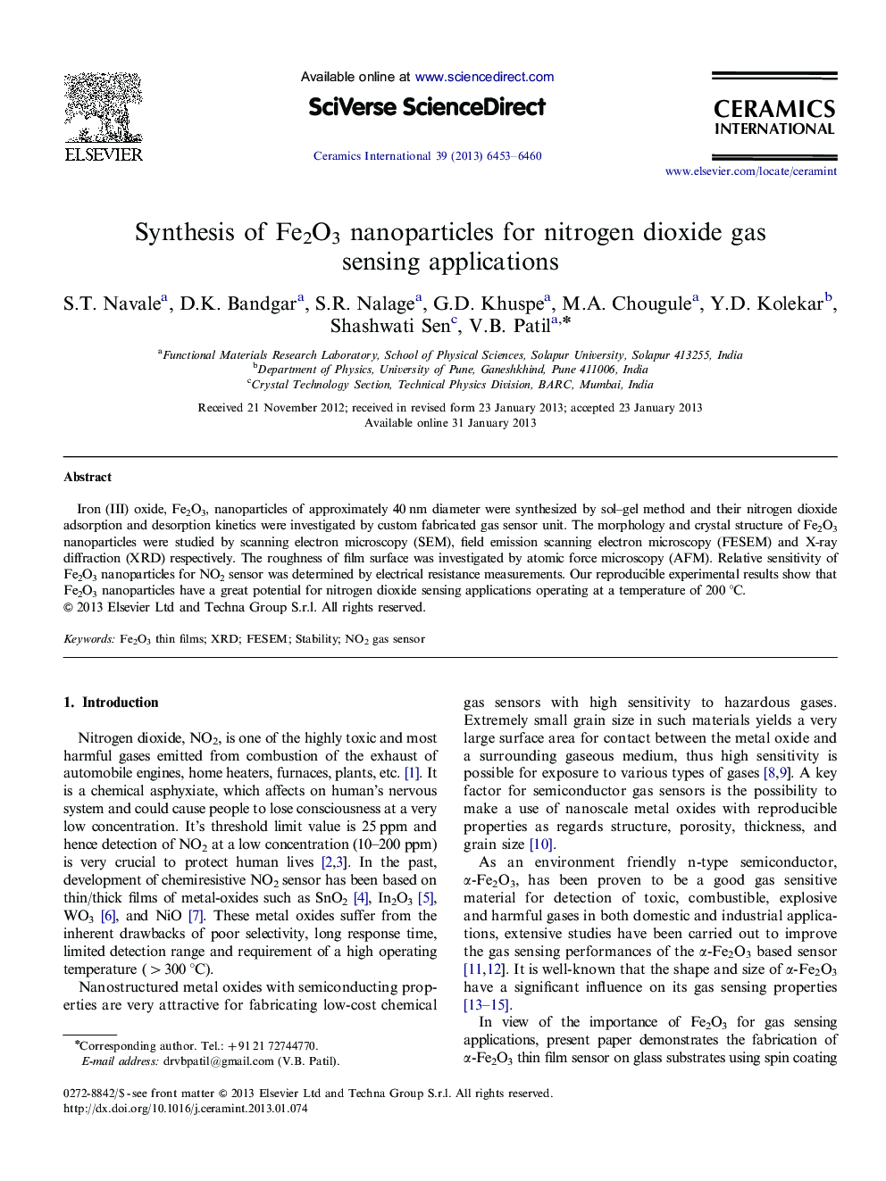 Synthesis of Fe2O3 nanoparticles for nitrogen dioxide gas sensing applications