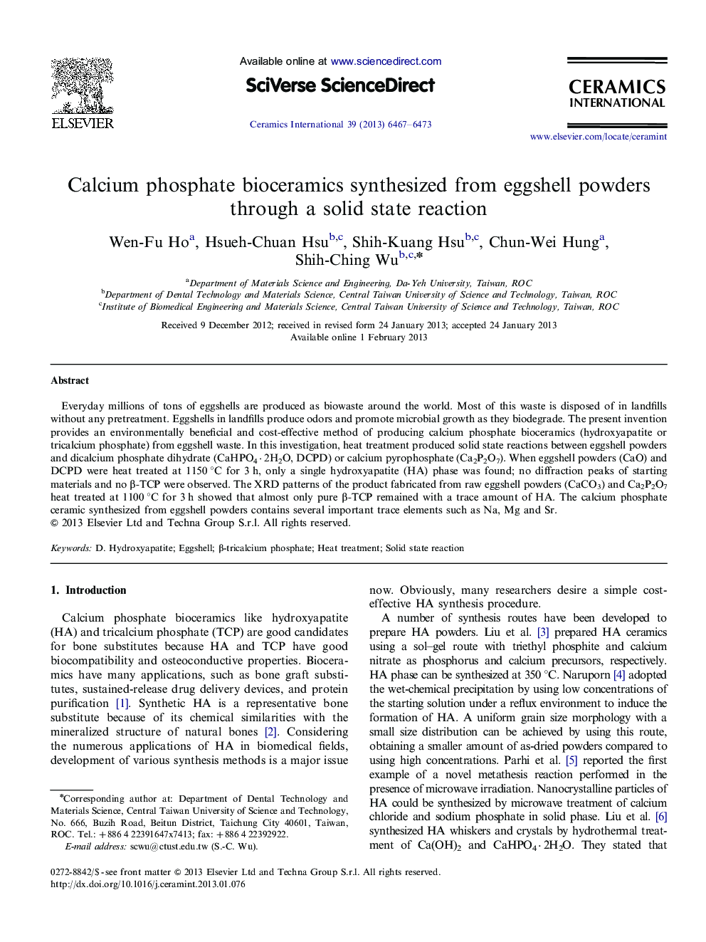 Calcium phosphate bioceramics synthesized from eggshell powders through a solid state reaction