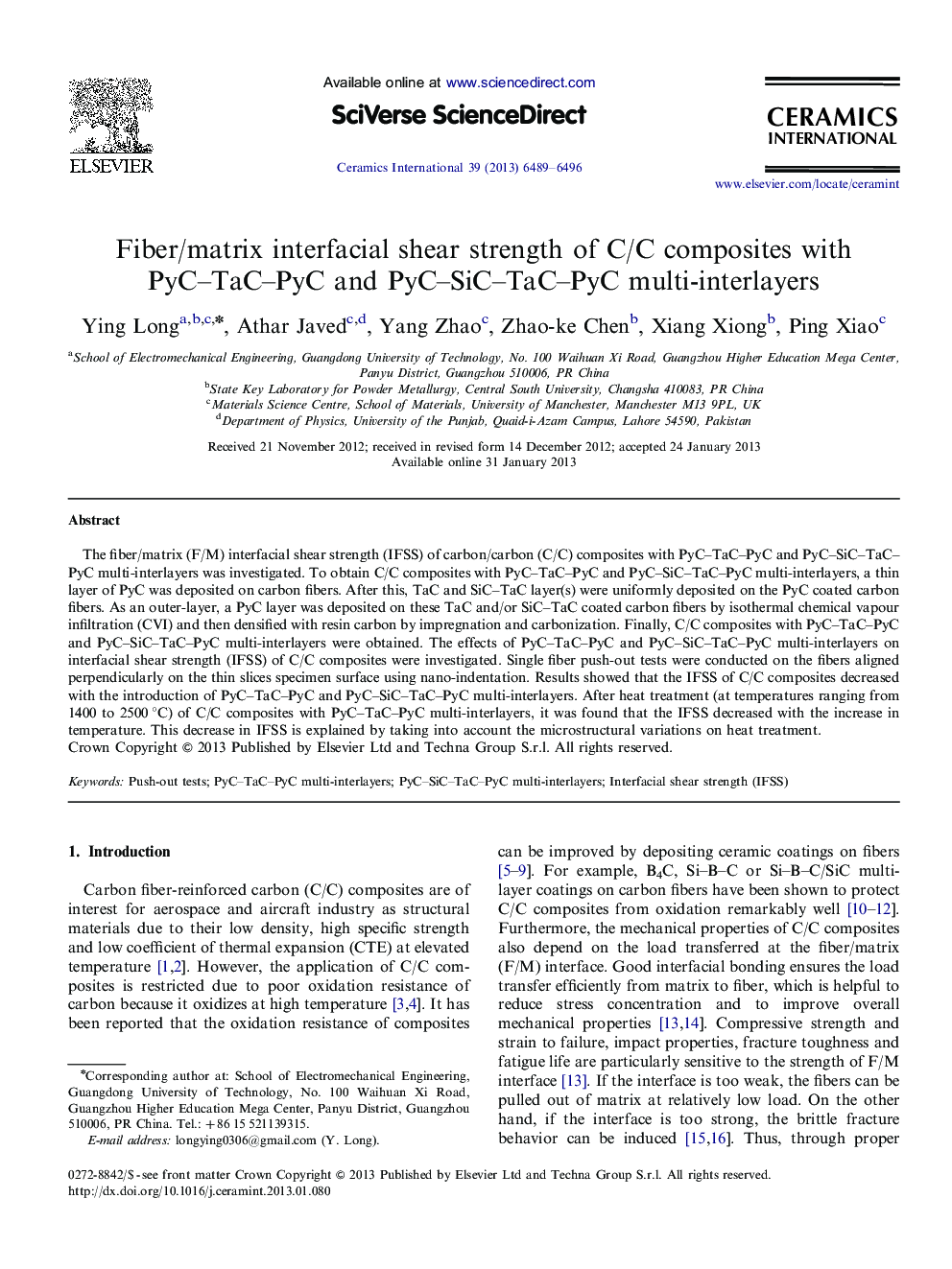 Fiber/matrix interfacial shear strength of C/C composites with PyC–TaC–PyC and PyC–SiC–TaC–PyC multi-interlayers