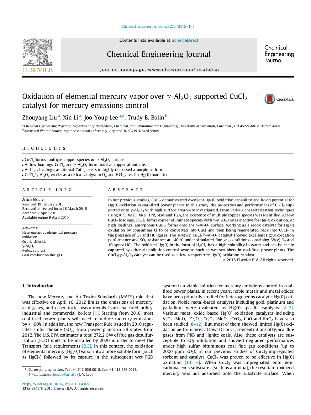 Oxidation of elemental mercury vapor over γ-Al2O3 supported CuCl2 catalyst for mercury emissions control