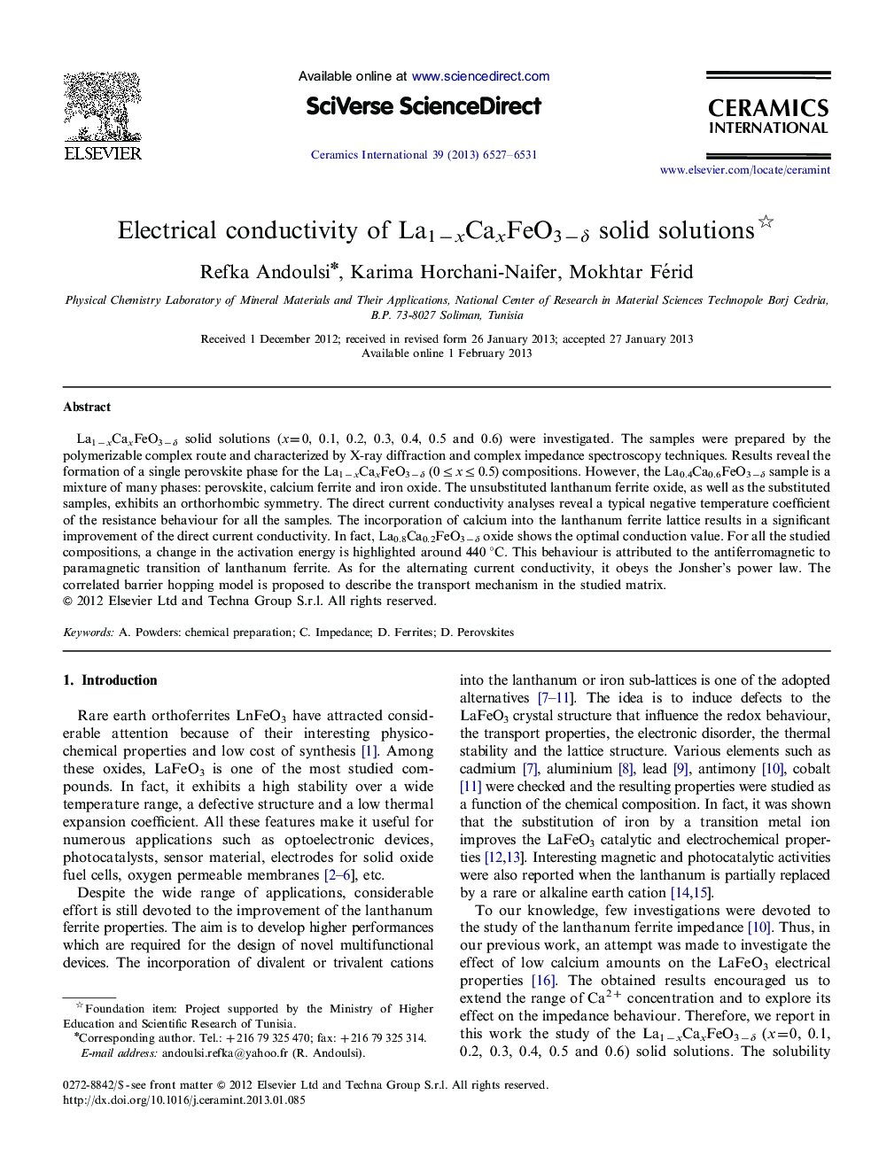 Electrical conductivity of La1−xCaxFeO3−δ solid solutions 