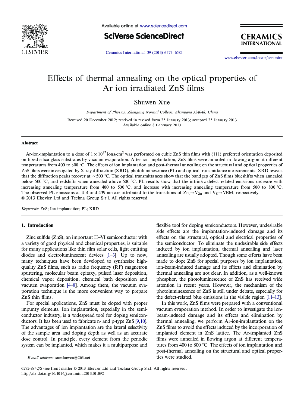 Effects of thermal annealing on the optical properties of Ar ion irradiated ZnS films