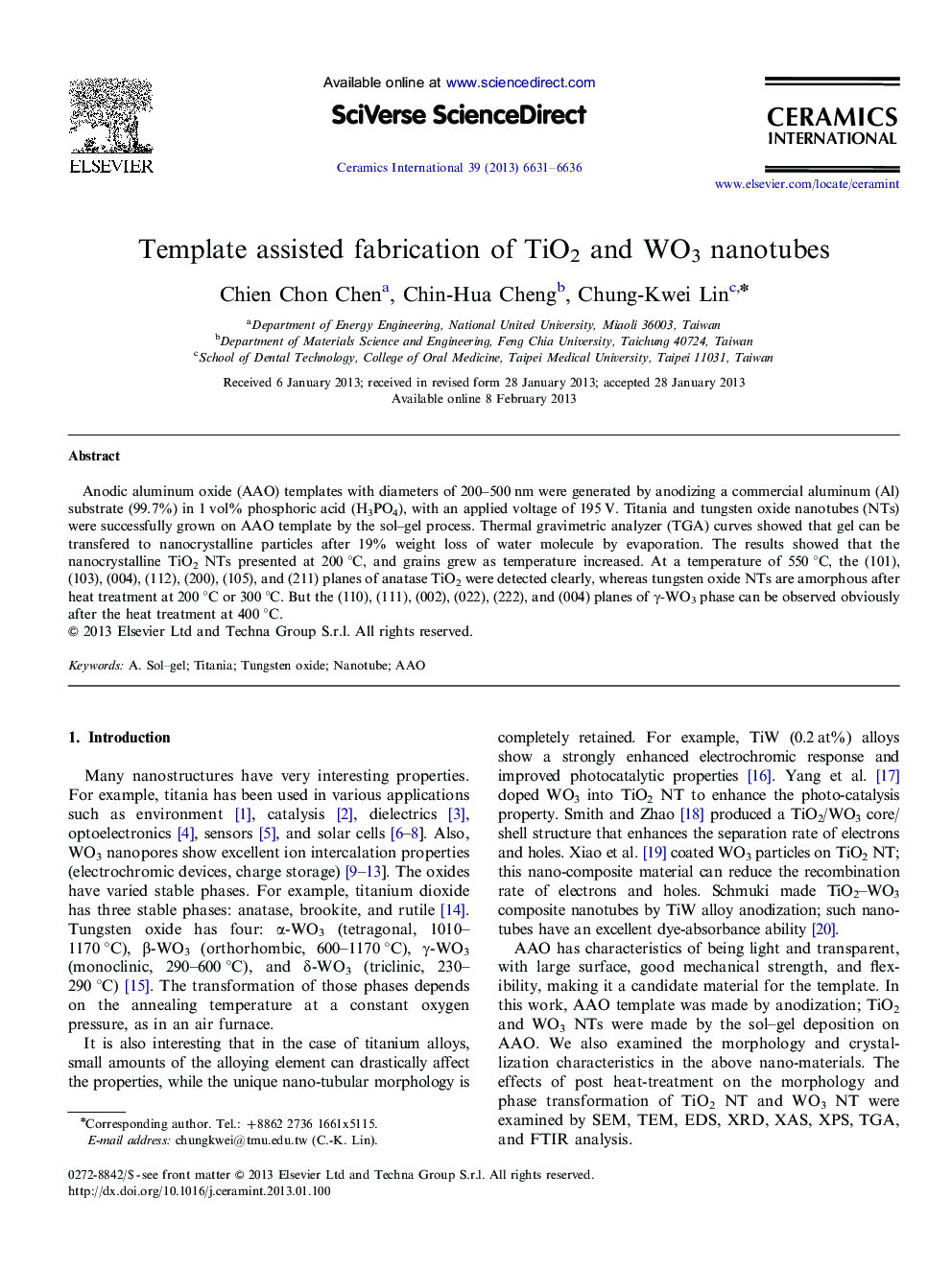 Template assisted fabrication of TiO2 and WO3 nanotubes