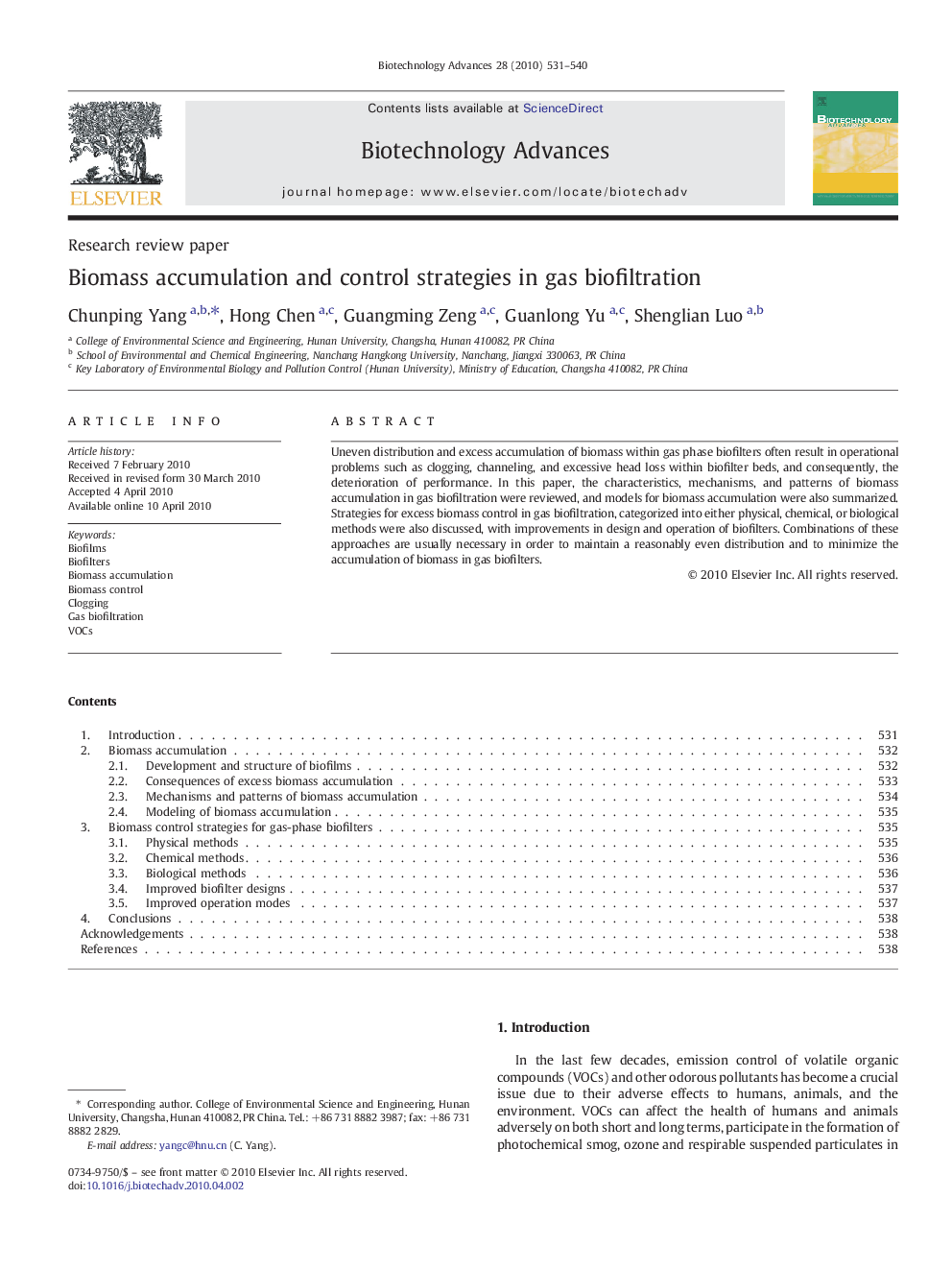 Biomass accumulation and control strategies in gas biofiltration