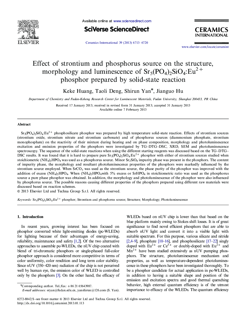 Effect of strontium and phosphorus source on the structure, morphology and luminescence of Sr5(PO4)2SiO4:Eu2+phosphor prepared by solid-state reaction