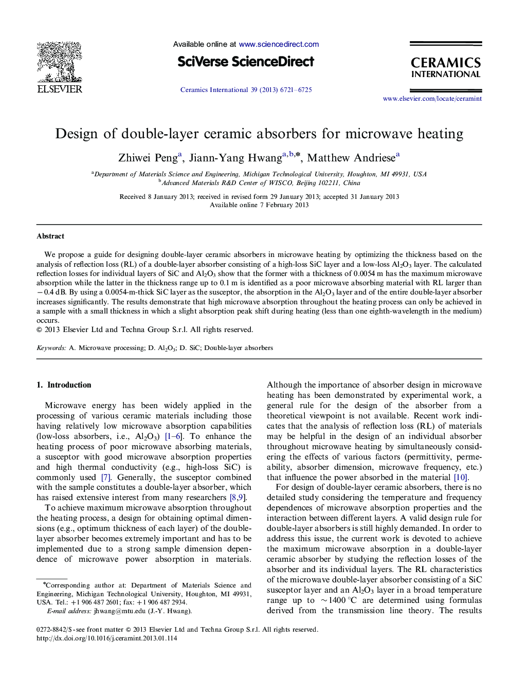 Design of double-layer ceramic absorbers for microwave heating