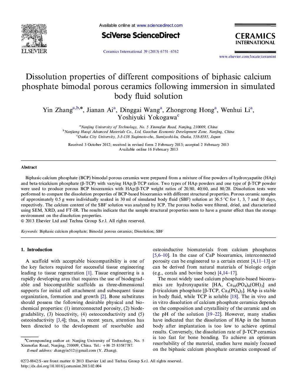 Dissolution properties of different compositions of biphasic calcium phosphate bimodal porous ceramics following immersion in simulated body fluid solution