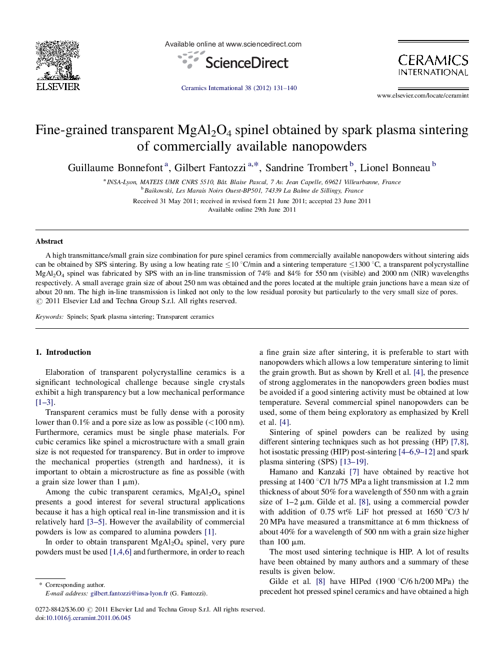 Fine-grained transparent MgAl2O4 spinel obtained by spark plasma sintering of commercially available nanopowders