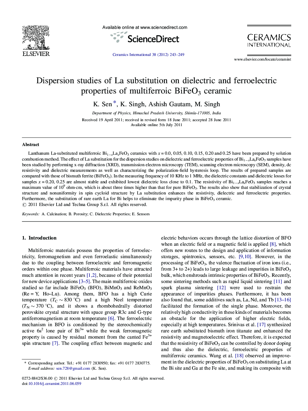 Dispersion studies of La substitution on dielectric and ferroelectric properties of multiferroic BiFeO3 ceramic