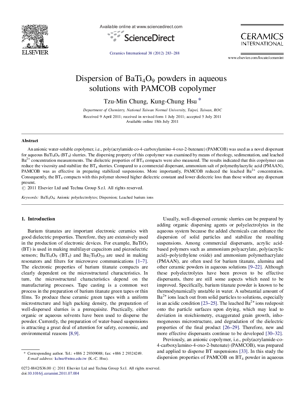 Dispersion of BaTi4O9 powders in aqueous solutions with PAMCOB copolymer