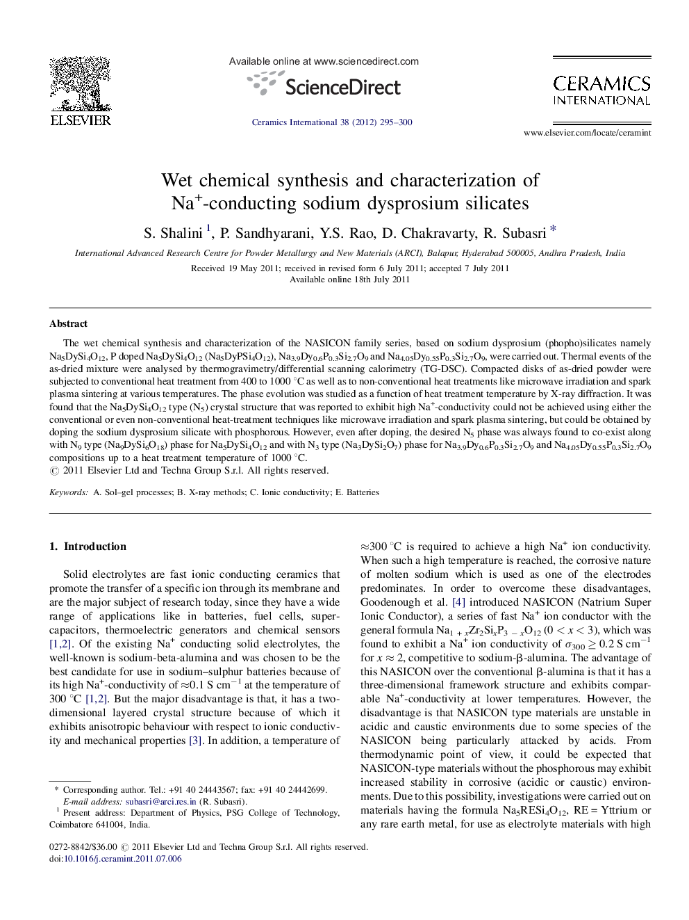 Wet chemical synthesis and characterization of Na+-conducting sodium dysprosium silicates