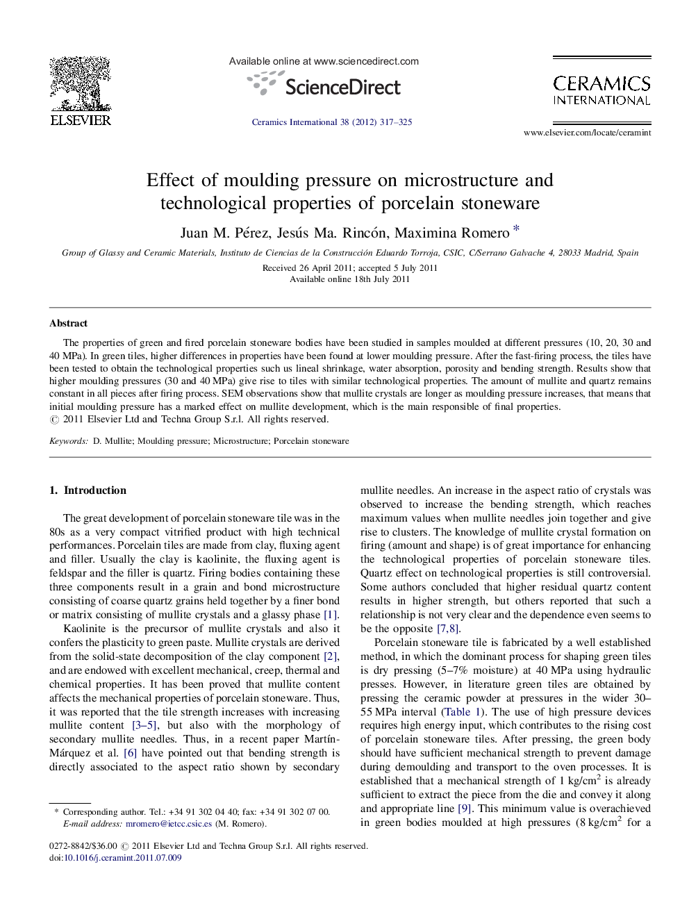 Effect of moulding pressure on microstructure and technological properties of porcelain stoneware