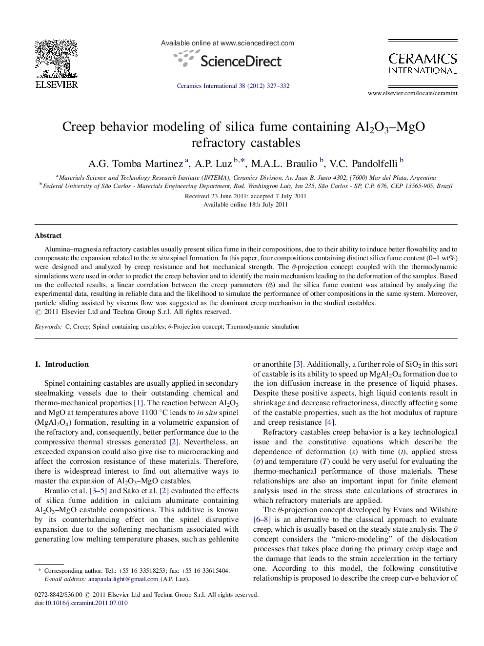 Creep behavior modeling of silica fume containing Al2O3–MgO refractory castables