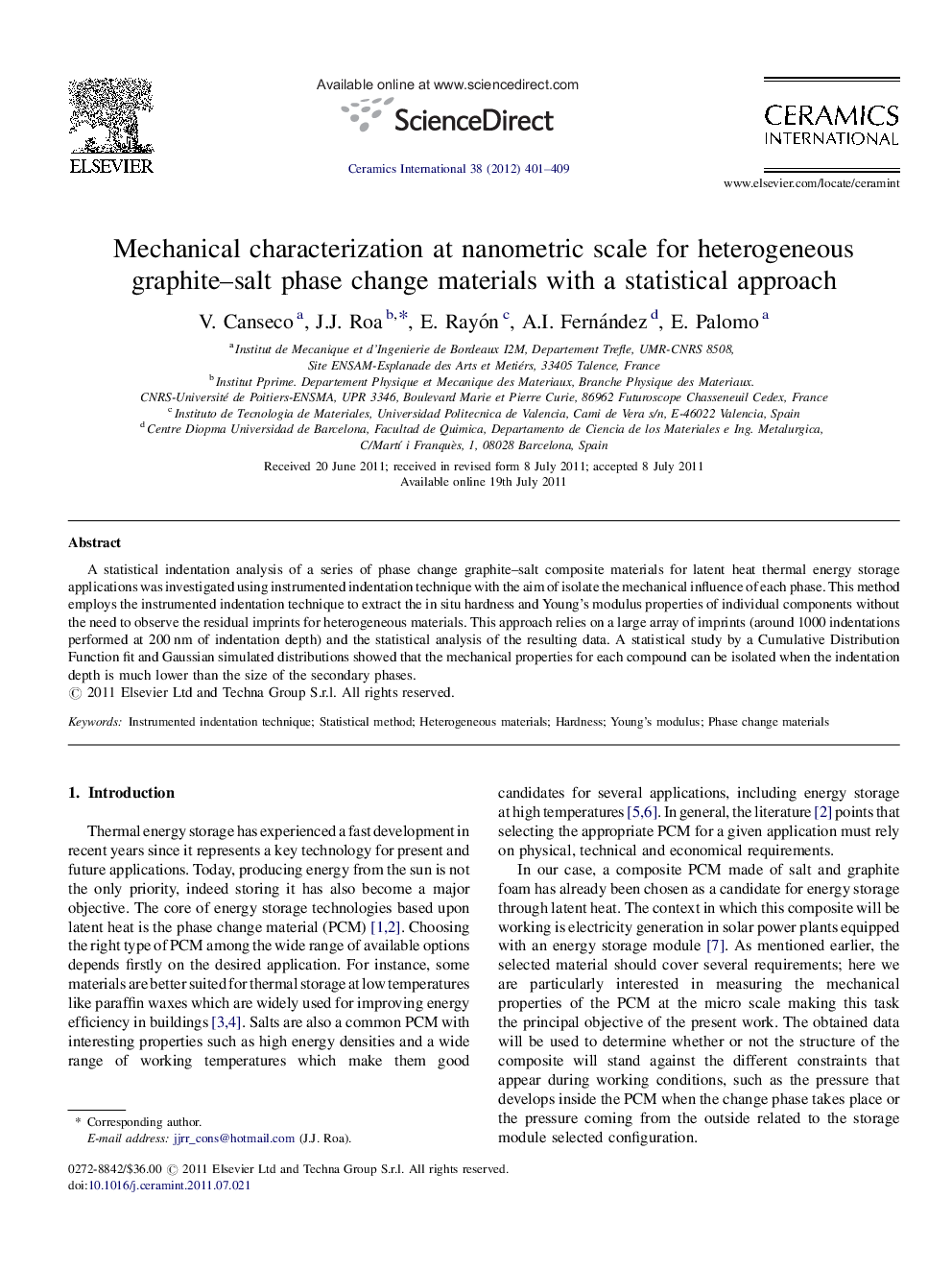 Mechanical characterization at nanometric scale for heterogeneous graphite–salt phase change materials with a statistical approach