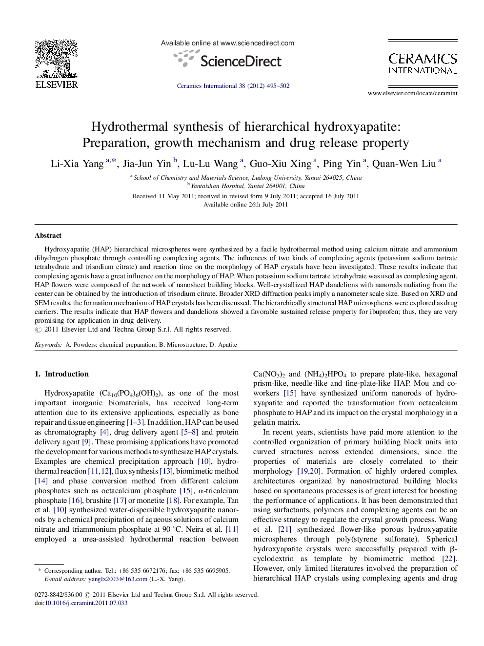 Hydrothermal synthesis of hierarchical hydroxyapatite: Preparation, growth mechanism and drug release property