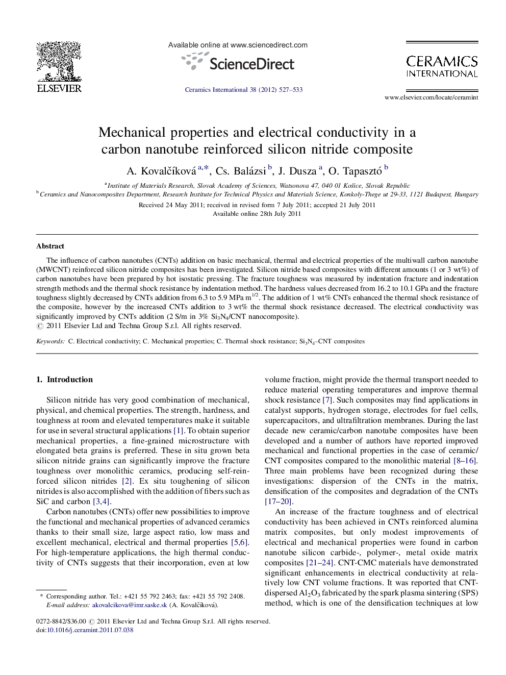 Mechanical properties and electrical conductivity in a carbon nanotube reinforced silicon nitride composite