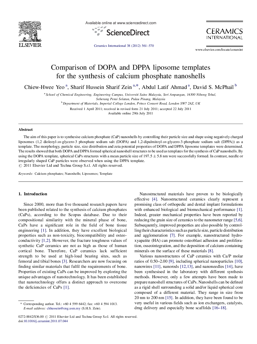 Comparison of DOPA and DPPA liposome templates for the synthesis of calcium phosphate nanoshells