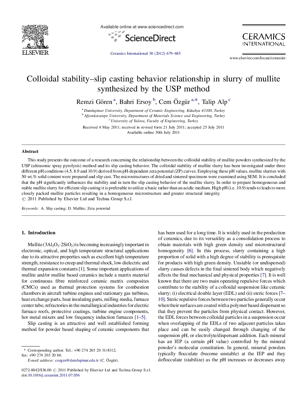 Colloidal stability–slip casting behavior relationship in slurry of mullite synthesized by the USP method