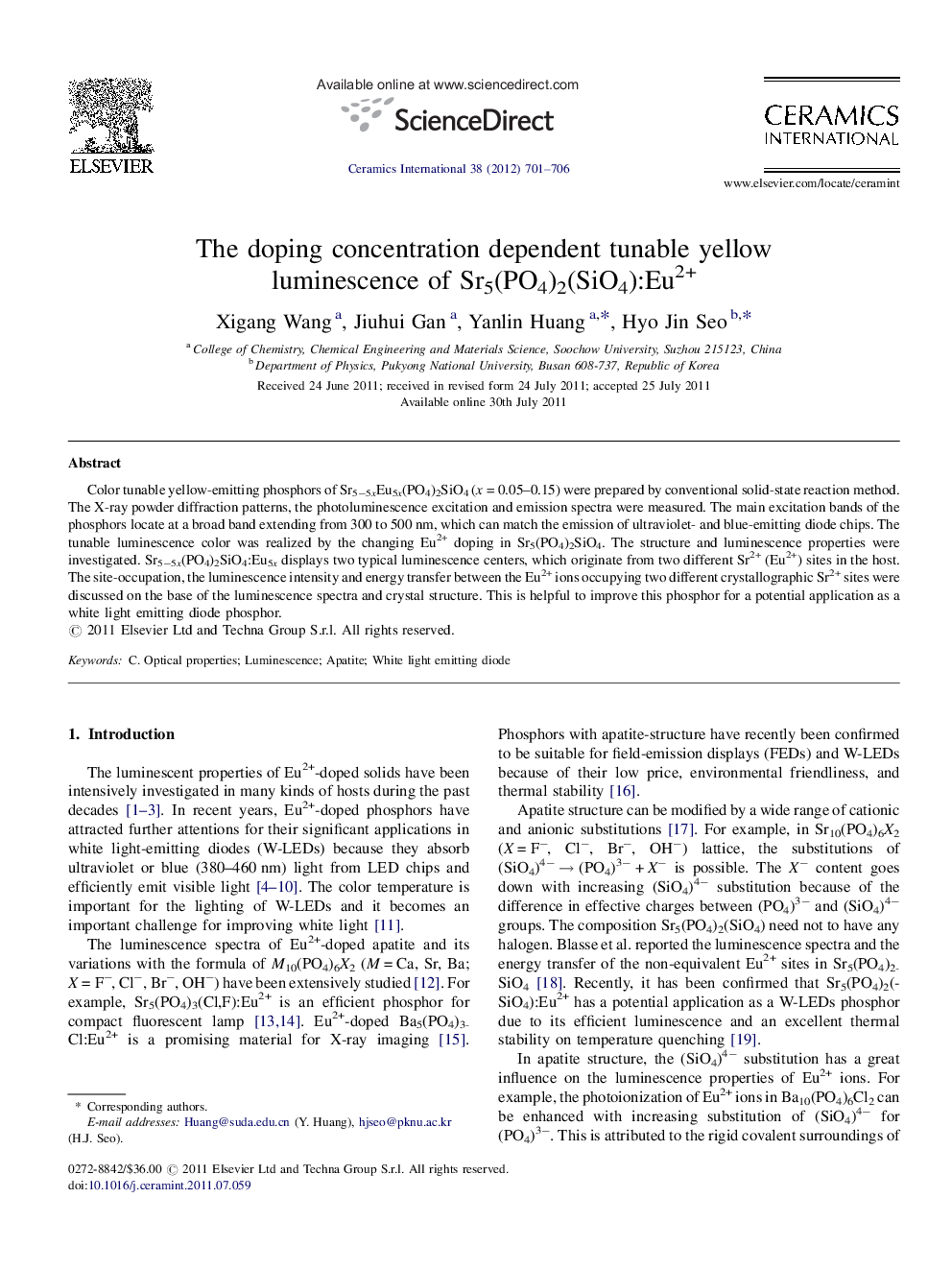 The doping concentration dependent tunable yellow luminescence of Sr5(PO4)2(SiO4):Eu2+