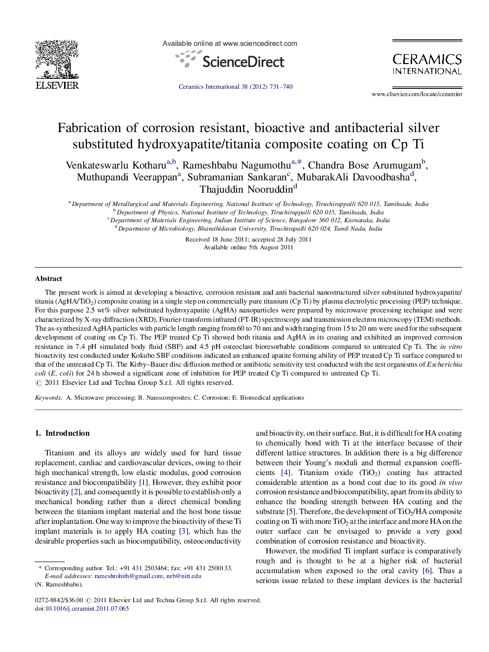 Fabrication of corrosion resistant, bioactive and antibacterial silver substituted hydroxyapatite/titania composite coating on Cp Ti