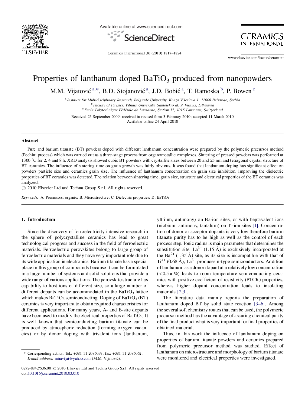 Properties of lanthanum doped BaTiO3 produced from nanopowders