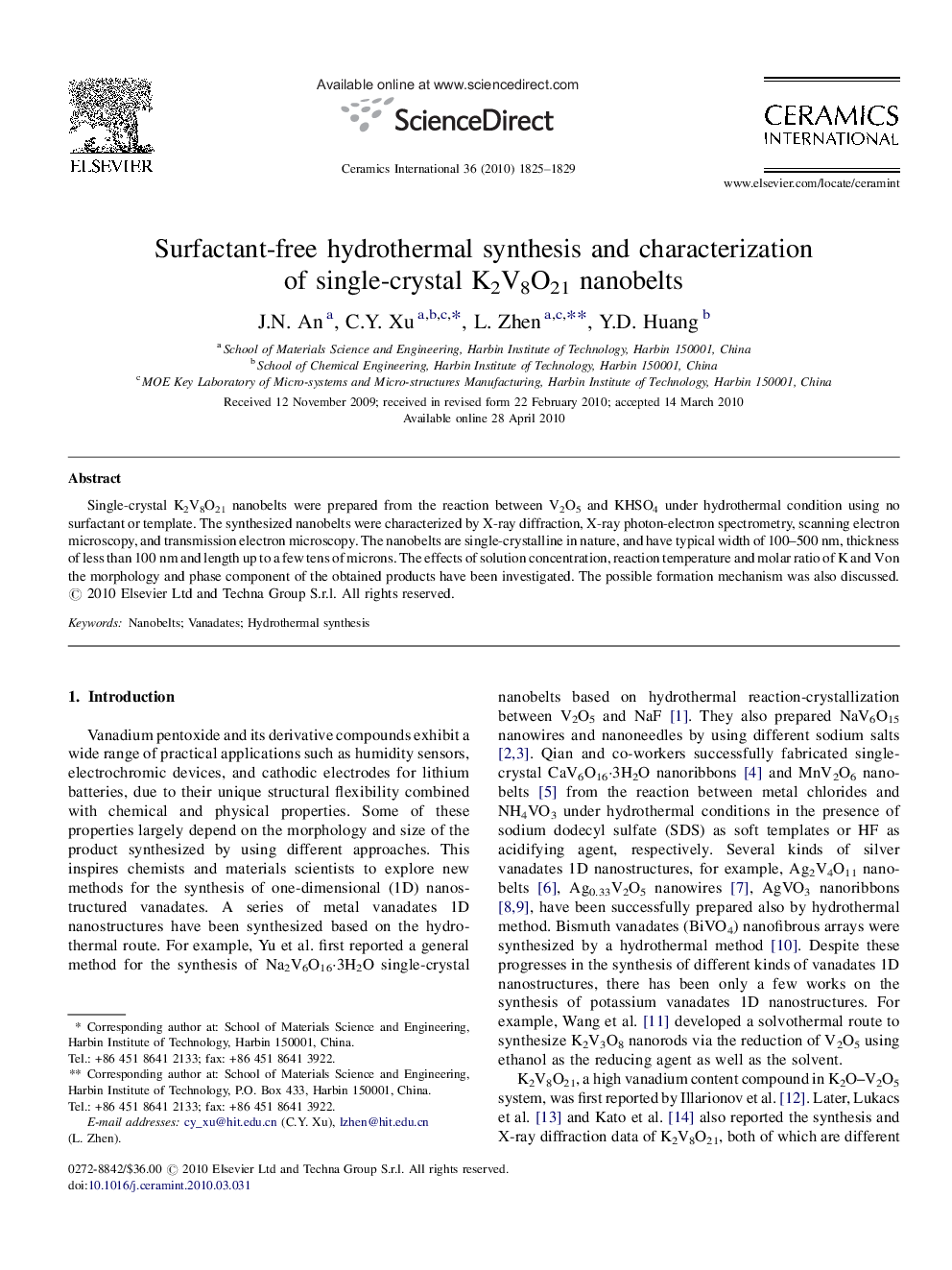 Surfactant-free hydrothermal synthesis and characterization of single-crystal K2V8O21 nanobelts
