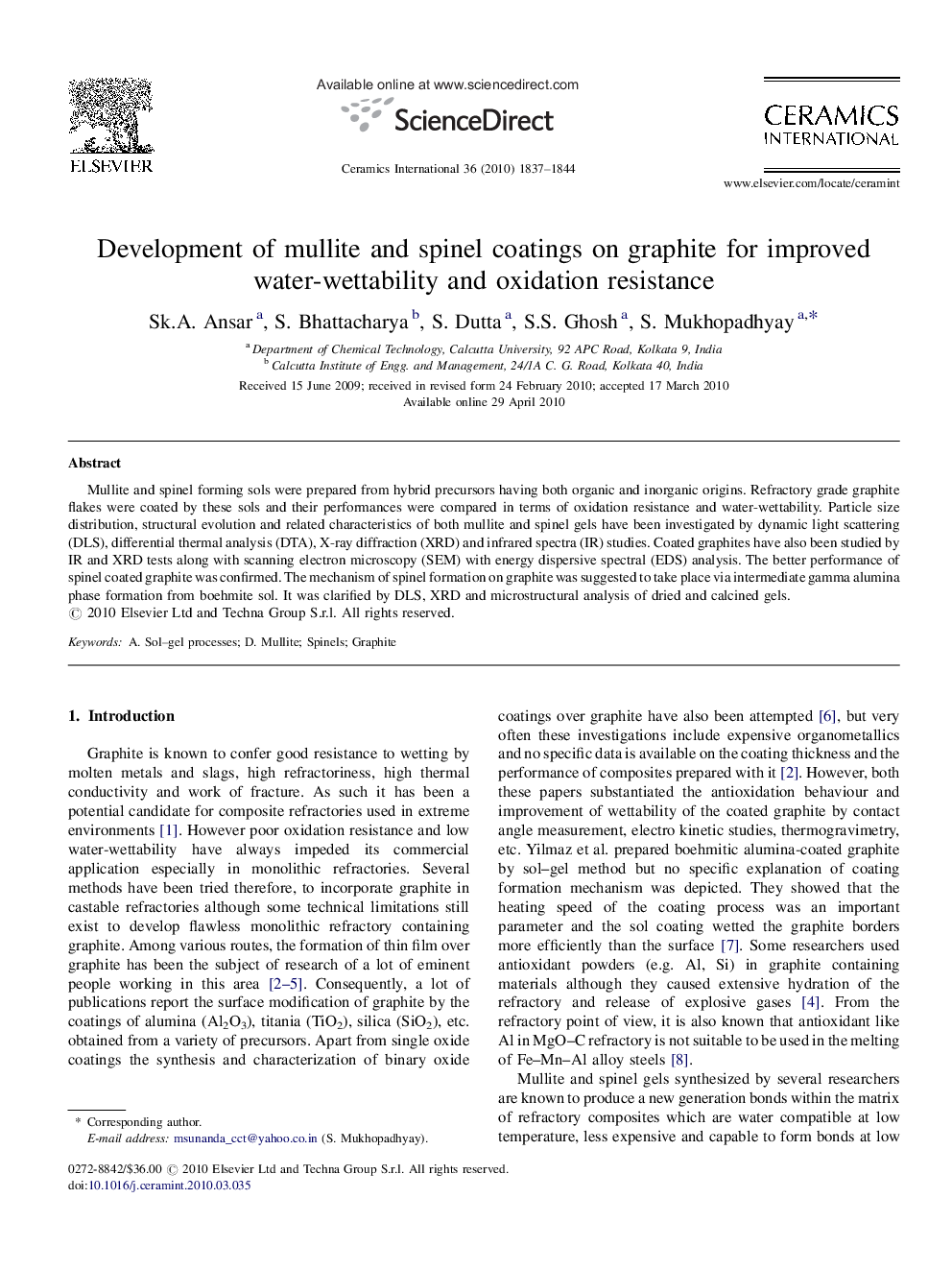 Development of mullite and spinel coatings on graphite for improved water-wettability and oxidation resistance