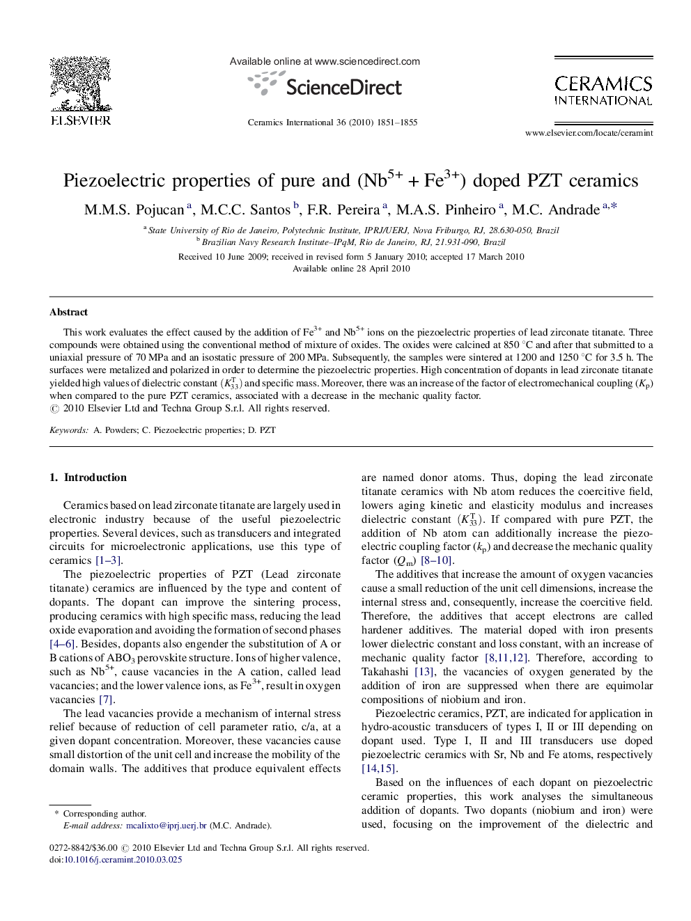 Piezoelectric properties of pure and (Nb5+ + Fe3+) doped PZT ceramics