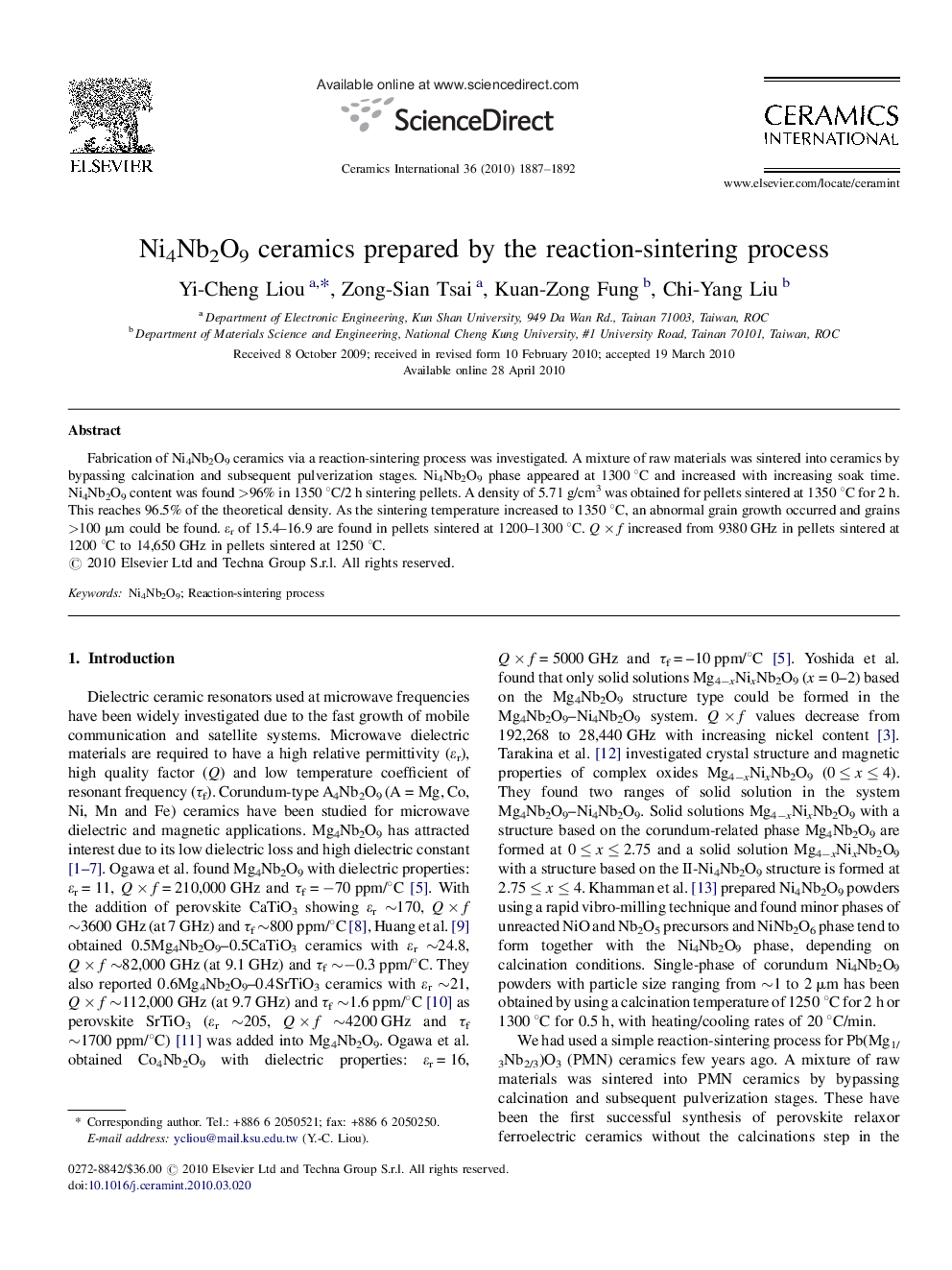 Ni4Nb2O9 ceramics prepared by the reaction-sintering process