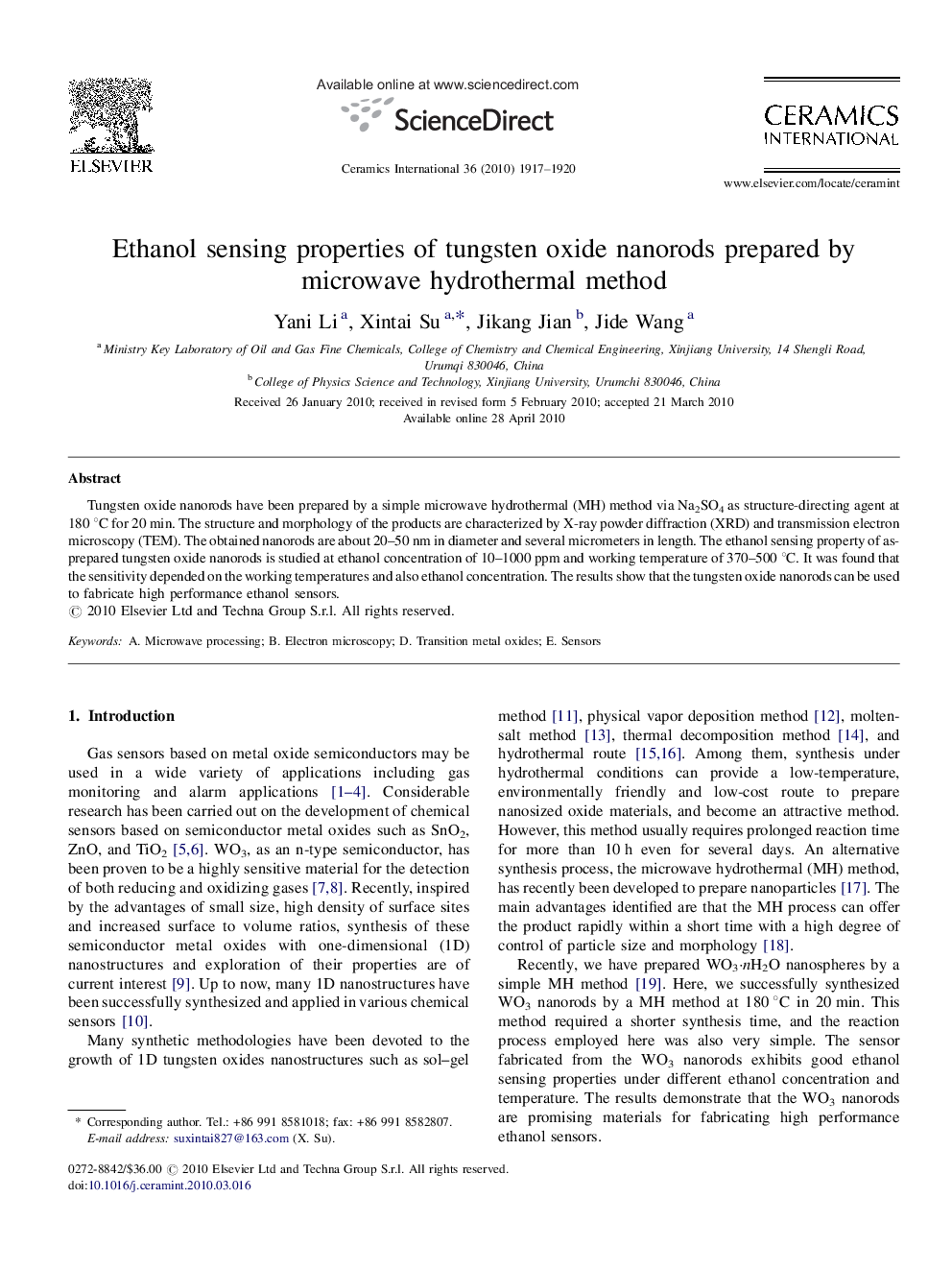 Ethanol sensing properties of tungsten oxide nanorods prepared by microwave hydrothermal method