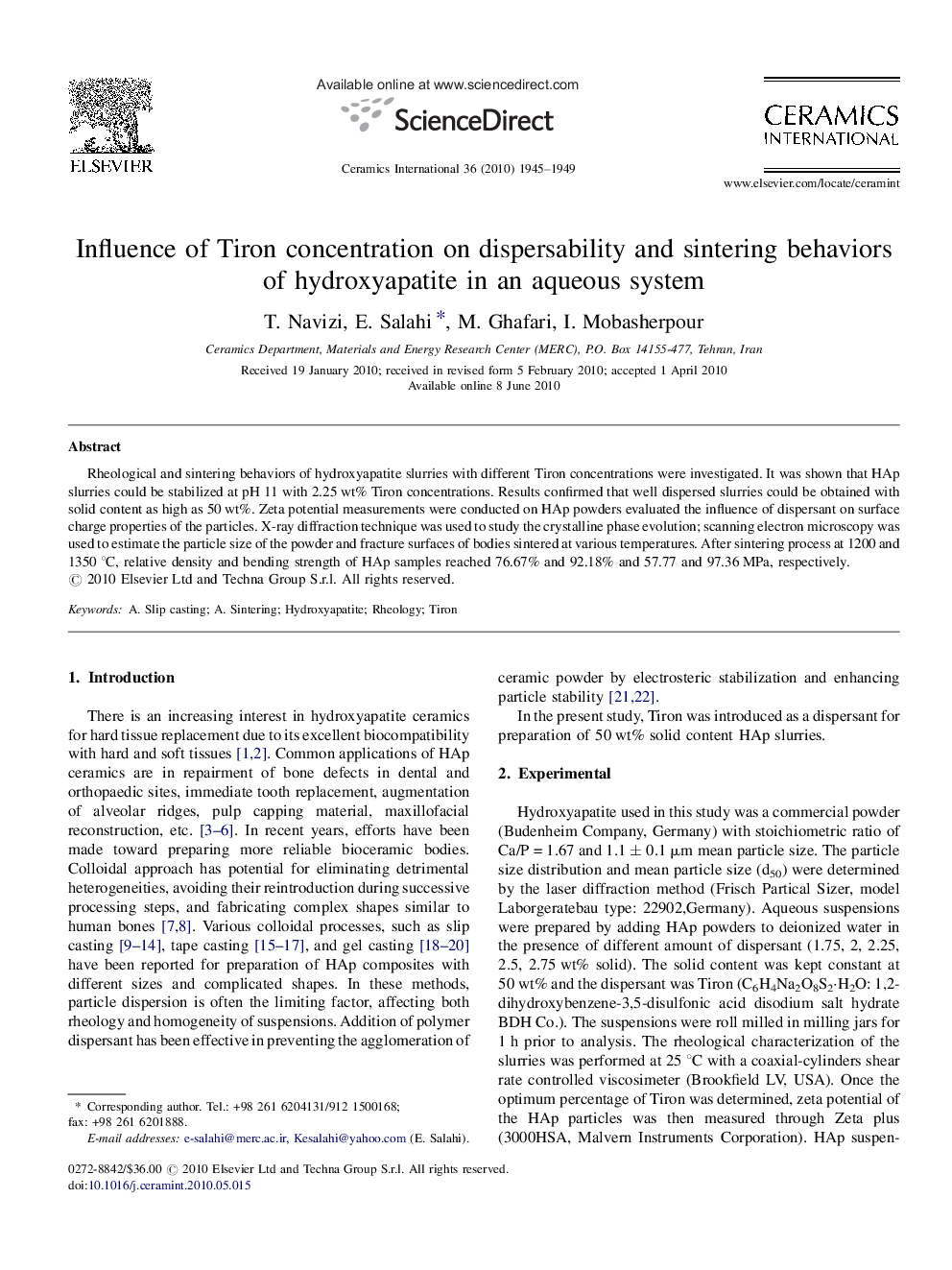 Influence of Tiron concentration on dispersability and sintering behaviors of hydroxyapatite in an aqueous system