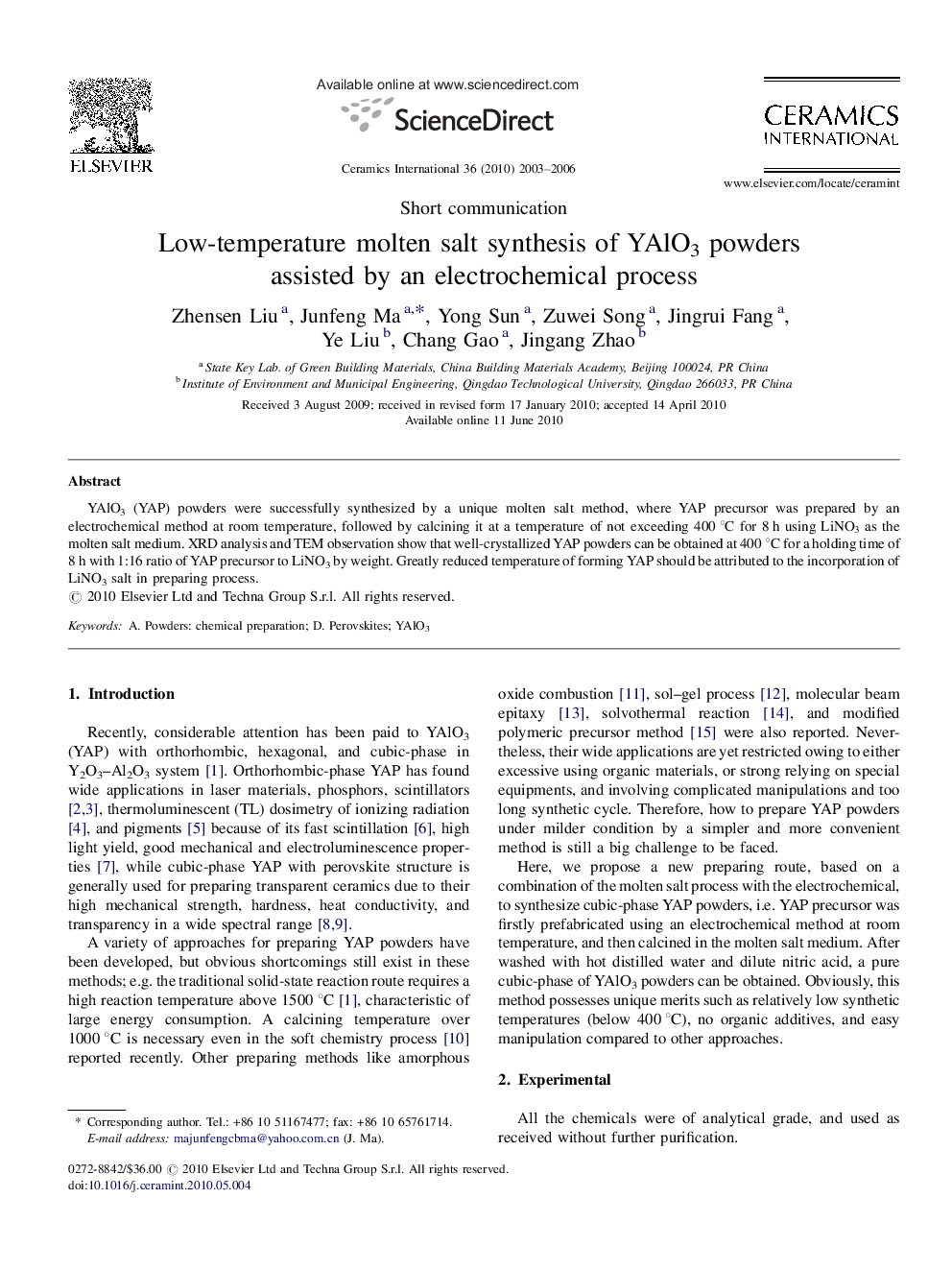 عکس صفحه اول مقاله: Low-temperature molten salt synthesis of YAlO3 powders assisted by an electrochemical process Low-temperature molten salt synthesis of YAlO3 powders assisted by an electrochemical process