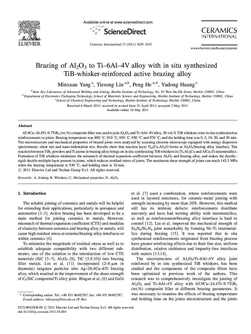 Brazing of Al2O3 to Ti–6Al–4V alloy with in situ synthesized TiB-whisker-reinforced active brazing alloy