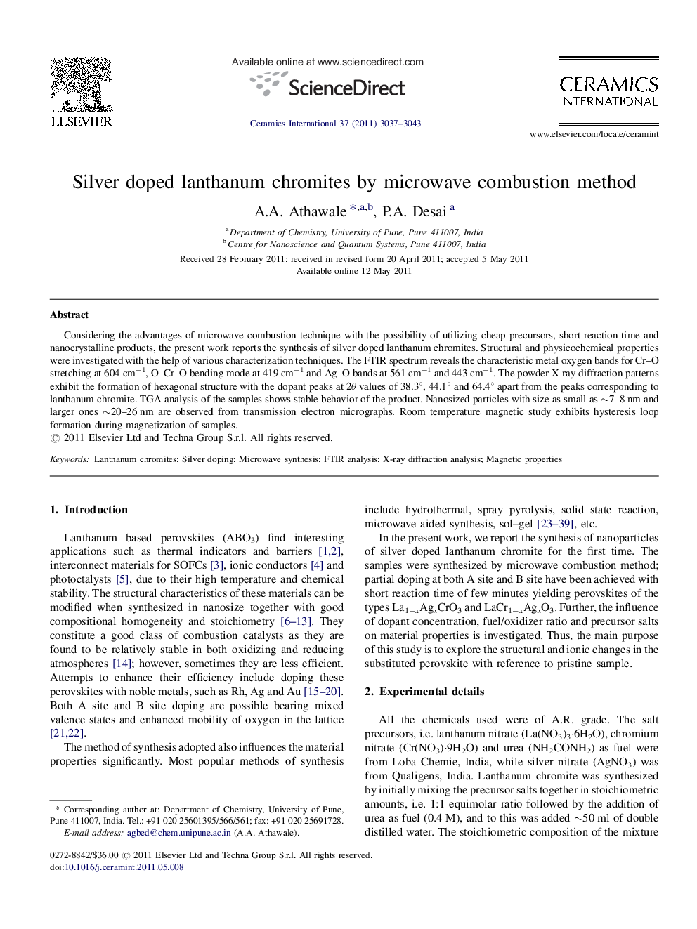 Silver doped lanthanum chromites by microwave combustion method