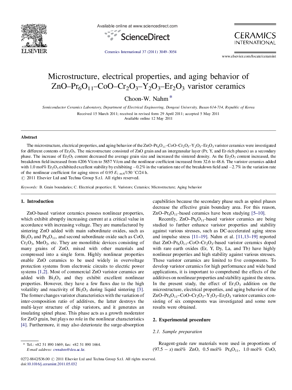 Microstructure, electrical properties, and aging behavior of ZnO–Pr6O11–CoO–Cr2O3–Y2O3–Er2O3 varistor ceramics