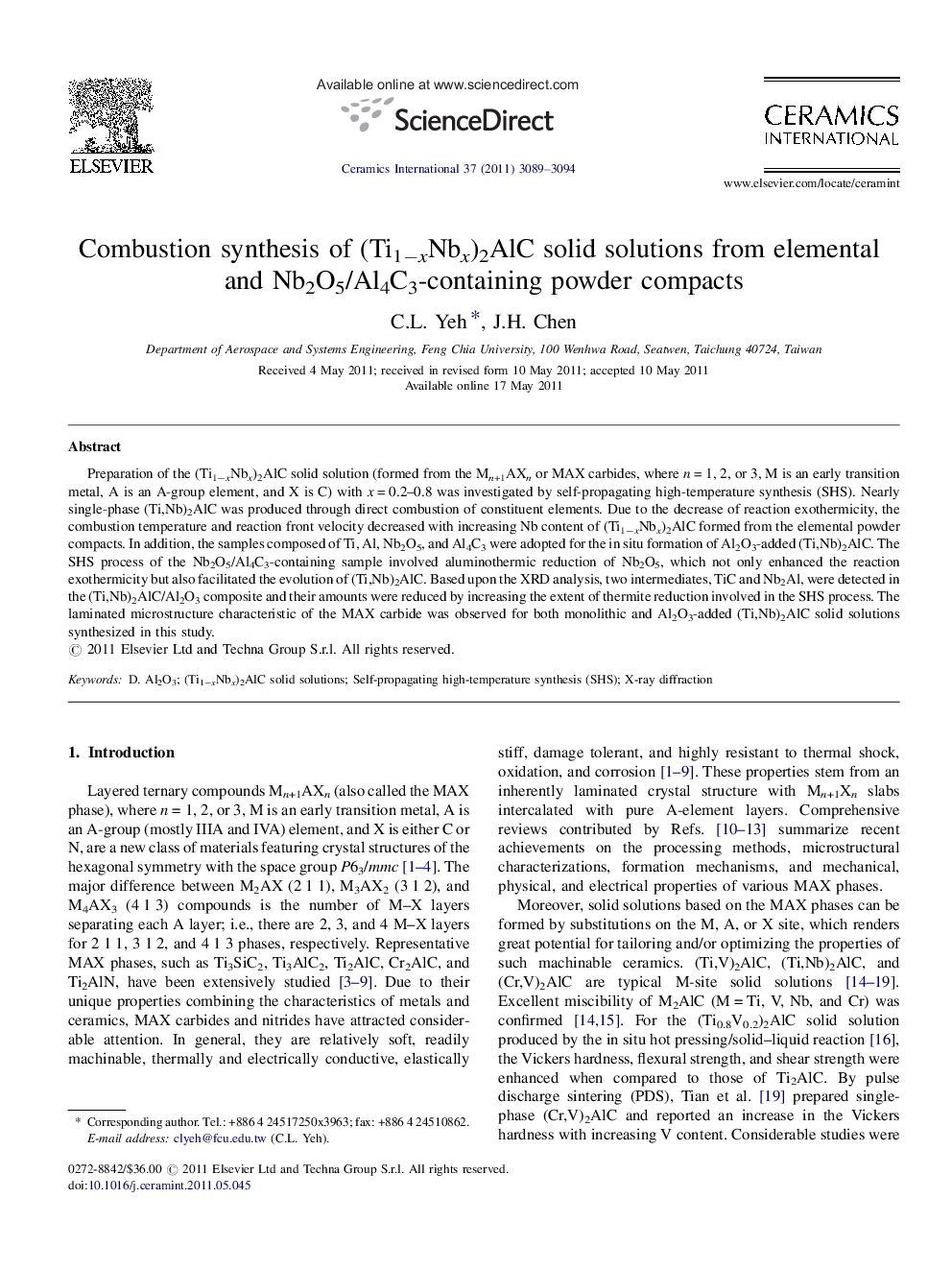 Combustion synthesis of (Ti1−xNbx)2AlC solid solutions from elemental and Nb2O5/Al4C3-containing powder compacts