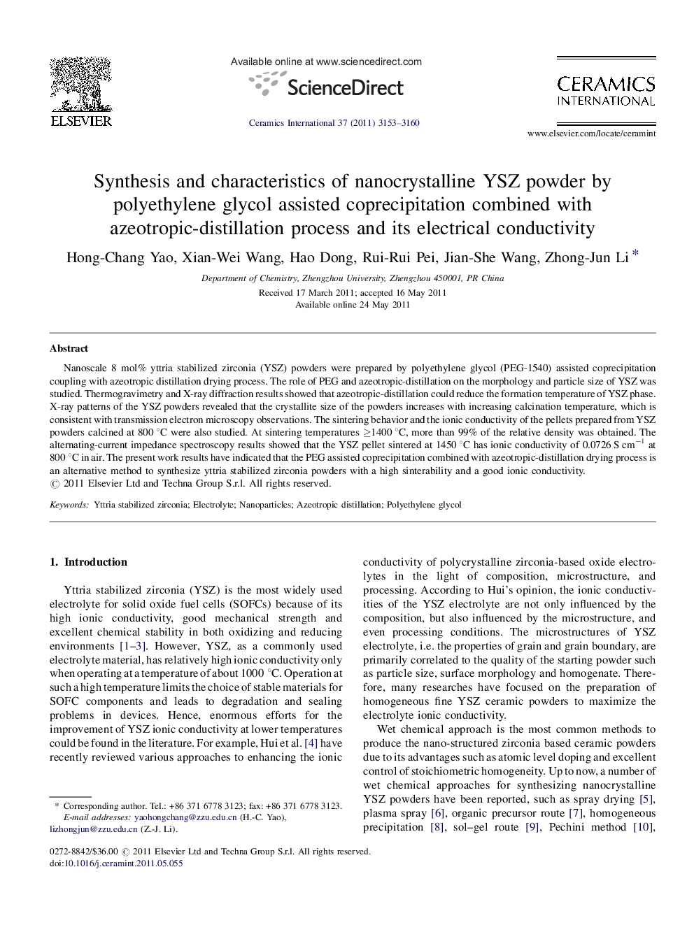 Synthesis and characteristics of nanocrystalline YSZ powder by polyethylene glycol assisted coprecipitation combined with azeotropic-distillation process and its electrical conductivity