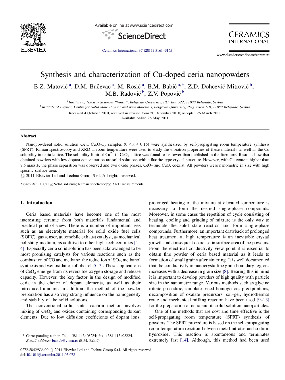 Synthesis and characterization of Cu-doped ceria nanopowders